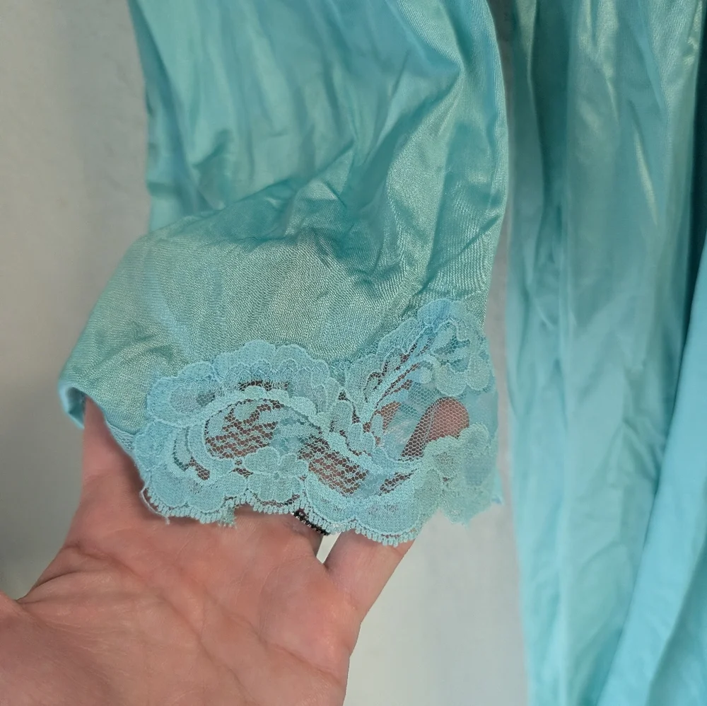 Julie Two Vtg Teal Aqua Ruffled Housecoat Robe S Pockets Lace 80s 90s Coquette